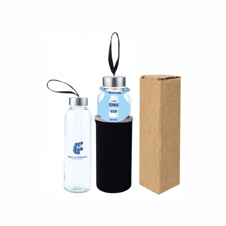 Logo Baskılı Kılıflı Cam Matara 500 Ml